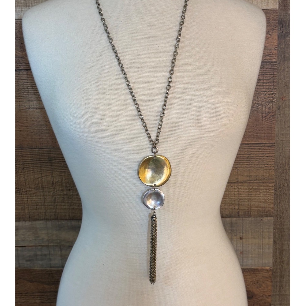 Mixed Metal Hammered Disc Tassel Pendant Necklace Gold Silver Tone